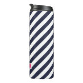 Navy Blauw en Roze Preppy Strepen Monogram Thermosbeker (Geroteerd rechts)