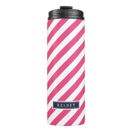 Navy Blauw en Roze Preppy Strepen Monogram Thermosbeker (Voorkant)