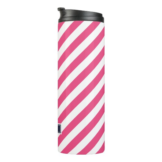 Navy Blauw en Roze Preppy Strepen Monogram Thermosbeker (Geroteerd rechts)
