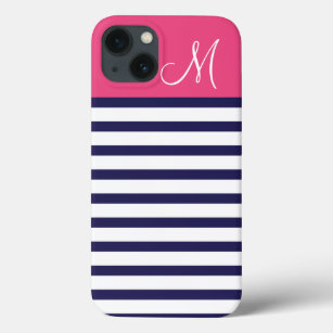 Navy Blauw en Roze Preppy Stripes Custom Monogram iPhone 13 Hoesje
