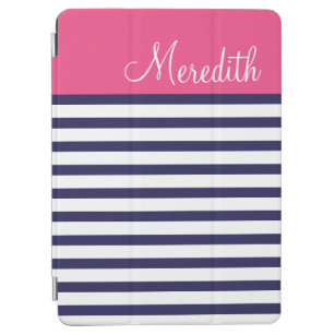 Navy Blauw en Roze Preppy Stripes Custom Monogram iPad Air Cover