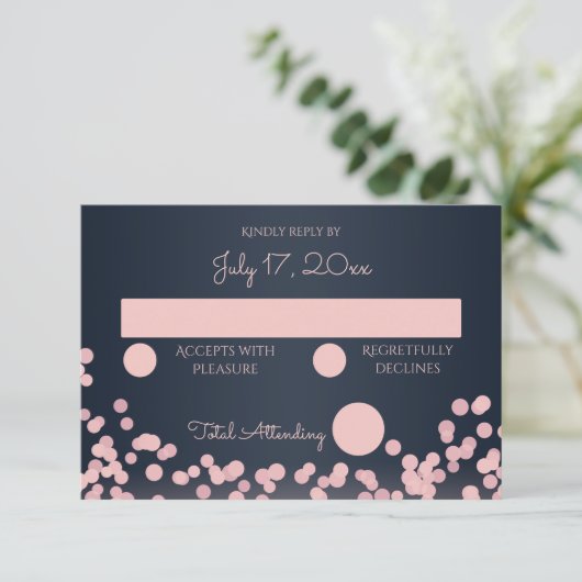 Navy Blauw en Roze Sparkle Wedding Reactie RSVP Kaartje (Staand voorkant)