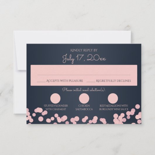 Navy Blauw en Roze Sparkle Wedding Reactie RSVP Kaartje (Voorkant)