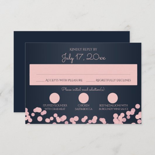 Navy Blauw en Roze Sparkle Wedding Reactie RSVP Kaartje (Voorkant / Achterkant)