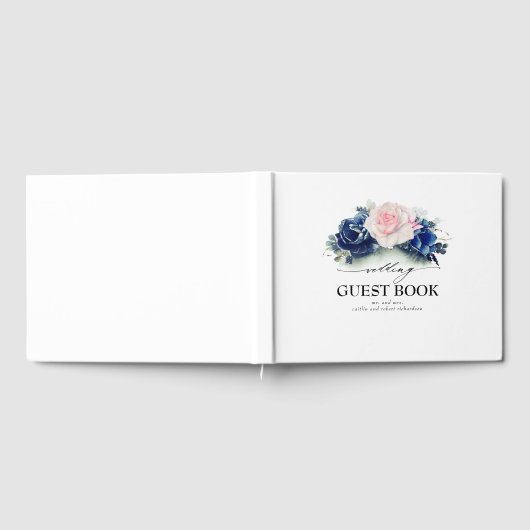 Navy Blauw en Roze Waterverf Bloemen Bruiloft Gastenboek (Volledig)