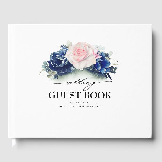 Navy Blauw en Roze Waterverf Bloemen Bruiloft Gastenboek (Voorkant)