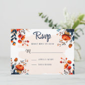 Navy Blauw en Sinaasappel bruiloft RSVP Kaarten (Staand voorkant)