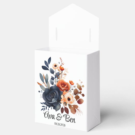 Navy Blauw en Sinaasappel Pioen Bruiloft Bedankdoosjes (Geopend)