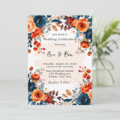Navy Blauw en Sinaasappel Pioen Bruiloft Kaart (Staand voorkant)