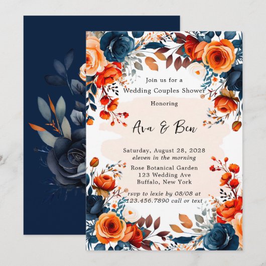 Navy blauw en Sinaasappel pioen bruiloft paar douc Kaart (Voorkant / Achterkant)