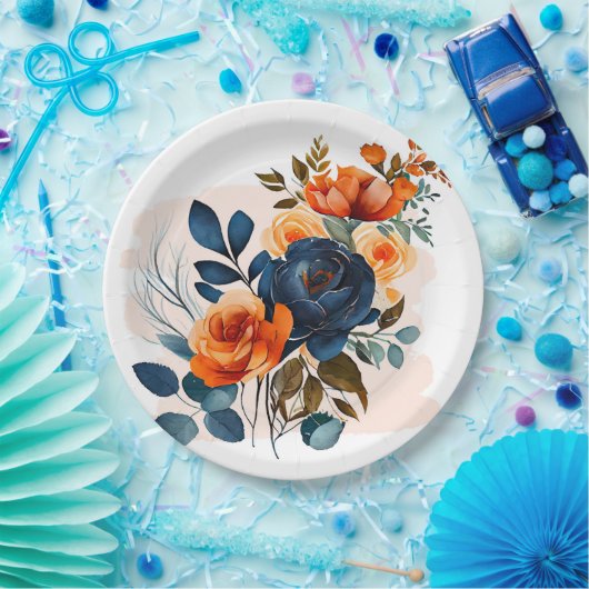 Navy Blauw en Sinaasappel Pioen Bruiloft Papieren Bordje (Feest)