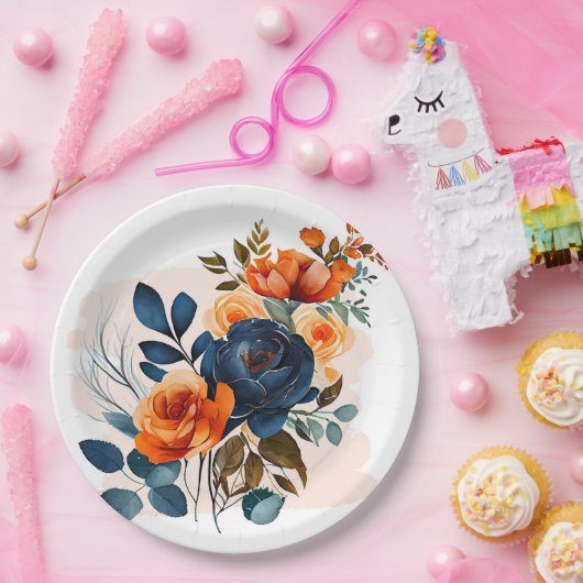 Navy Blauw en Sinaasappel Pioen Bruiloft Papieren Bordje (Feest)