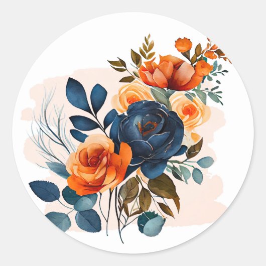 Navy Blauw en Sinaasappel Pioen Bruiloft Ronde Sticker (Voorkant)