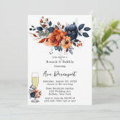 Navy Blauw en Sinaasappel Pioen Brunch & Bubbly Kaart (Staand voorkant)