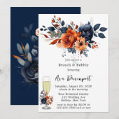 Navy Blauw en Sinaasappel Pioen Brunch & Bubbly Kaart (Voorkant / Achterkant)