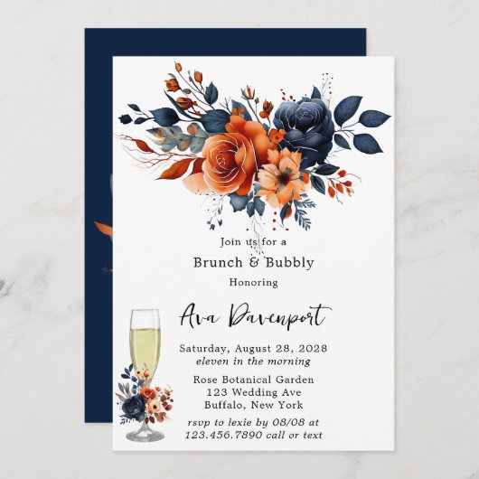 Navy Blauw en Sinaasappel Pioen Brunch & Bubbly Kaart (Voorkant / Achterkant)