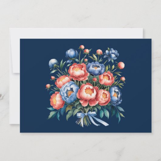 Navy Blauw en Sinaasappel Pioen Repetitie Diner Kaart (Achterkant)