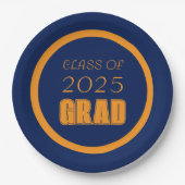 Navy Blauw en Sinaasappel School Kleuren Afstudere Papieren Bordje (Voorkant)