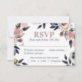 Navy Blauw en Stoffig Roze Bloemen Elegante Bruilo RSVP Kaartje