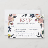 Navy Blauw en Stoffig Roze Bloemen Elegante Bruilo RSVP Kaartje (Voorkant)