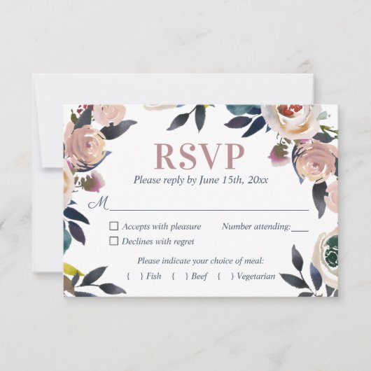 Navy Blauw en Stoffig Roze Bloemen Elegante Bruilo RSVP Kaartje (Voorkant)