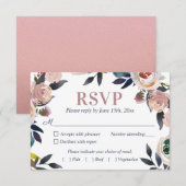 Navy Blauw en Stoffig Roze Bloemen Elegante Bruilo RSVP Kaartje (Voorkant / Achterkant)