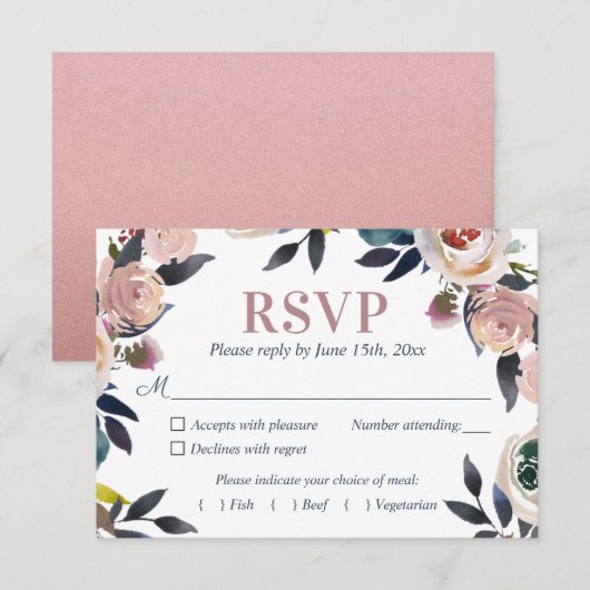 Navy Blauw en Stoffig Roze Bloemen Elegante Bruilo RSVP Kaartje (Voorkant / Achterkant)