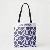 Navy Blauw en Wit Abstract Patroon Naam Tote Bag (Voorkant)