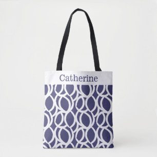 Navy Blauw en Wit Abstract Patroon Naam Tote Bag