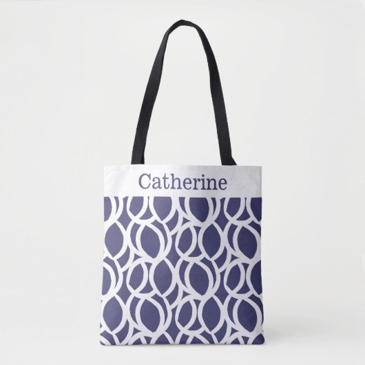Navy Blauw en Wit Abstract Patroon Naam Tote Bag (Voorkant)