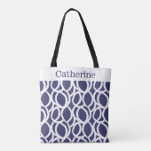 Navy Blauw en Wit Abstract Patroon Naam Tote Bag (Achterkant)