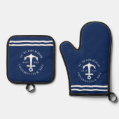 Navy blauw en wit anker gepersonaliseerd nautisch ovenwant & pannenlap set (Voorkant)