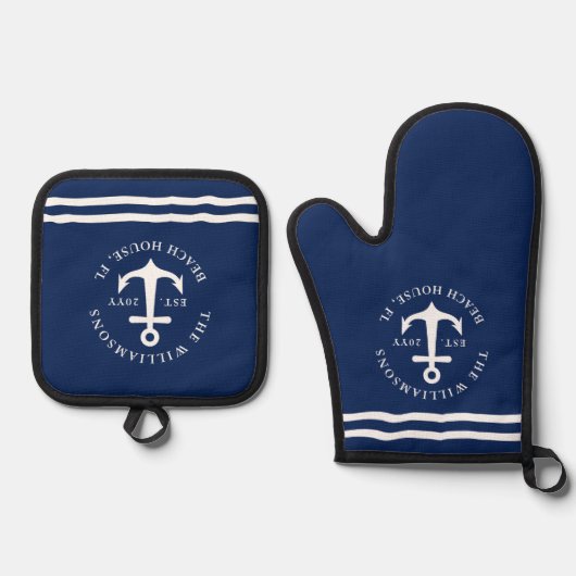 Navy blauw en wit anker gepersonaliseerd nautisch ovenwant & pannenlap set (Voorkant)