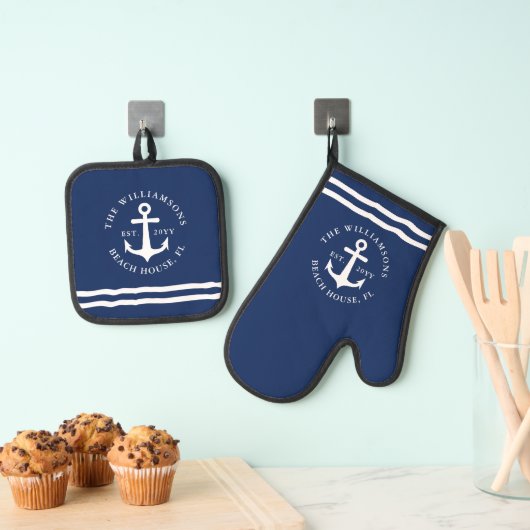 Navy blauw en wit anker gepersonaliseerd nautisch ovenwant & pannenlap set (Insitu(Ophanging))