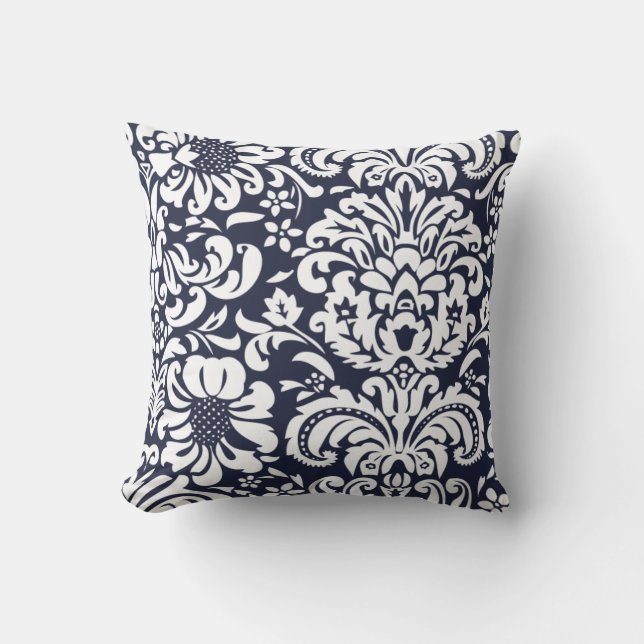 Navy Blauw en Wit Bloemen Damast Kussen (Voorkant)