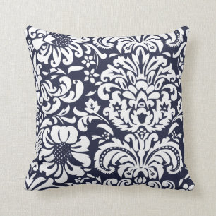Navy Blauw en Wit Bloemen Damast Kussen