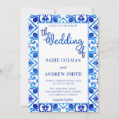 Navy Blauw en Wit Bloemen Foto Lijst Bruiloft Kaart (Voorkant)