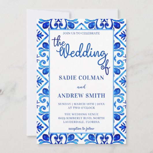 Navy Blauw en Wit Bloemen Foto Lijst Bruiloft Kaart (Voorkant)