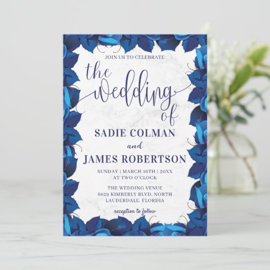 Navy Blauw en Wit Bloemen Foto Lijst Bruiloft Kaart (Staand voorkant)