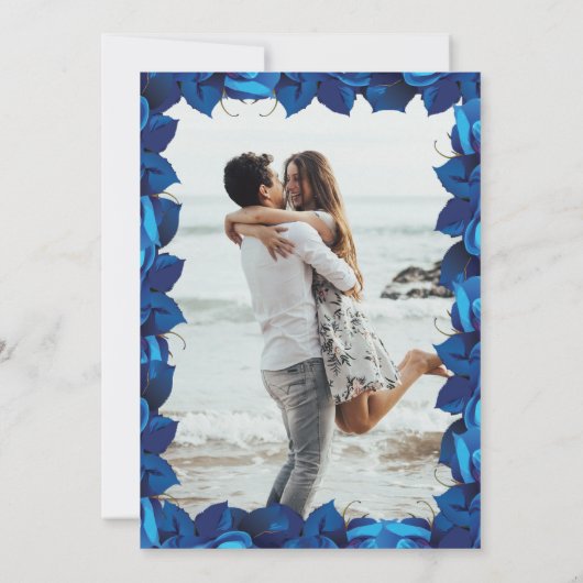 Navy Blauw en Wit Bloemen Foto Lijst Bruiloft Kaart (Achterkant)