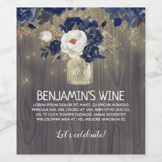 Navy Blauw en Wit Bloemen Mason Jar Rustic Wijn Etiket (Enkel label)
