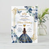 Navy blauw en wit bloemen prinses Quiñceanera Kaart (Staand voorkant)