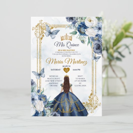 Navy blauw en wit bloemen prinses Quiñceanera Kaart (Staand voorkant)