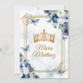 Navy blauw en wit bloemen prinses Quiñceanera Kaart (Achterkant)