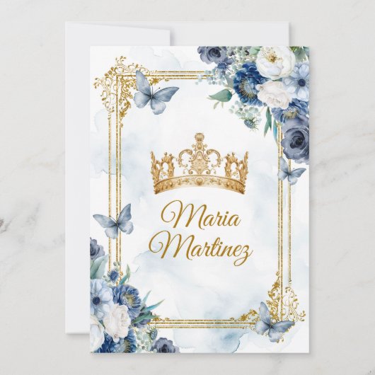 Navy blauw en wit bloemen prinses Quiñceanera Kaart (Achterkant)