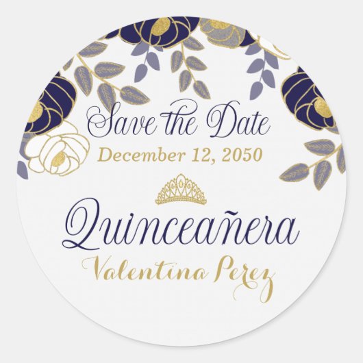 Navy Blauw en Wit Bloemen Quinceanera Ronde Sticker (Voorkant)