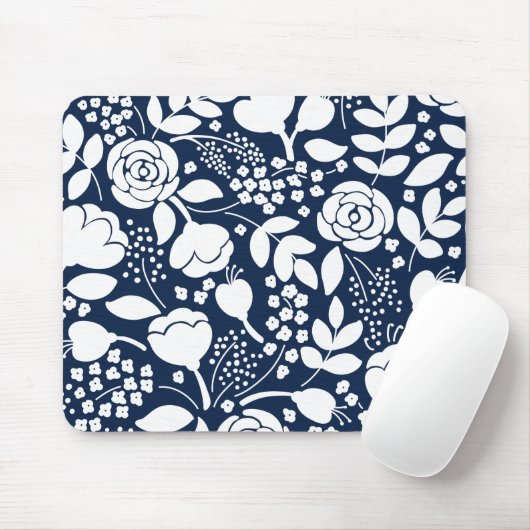 Navy blauw en wit bloemmotief muismat (Met muis)
