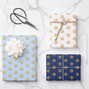 Navy blauw en wit Chanoeka Golden David Star Inpakpapier Vel
