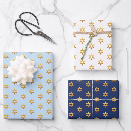 Navy blauw en wit Chanoeka Golden David Star Inpakpapier Vel (Voorkant)