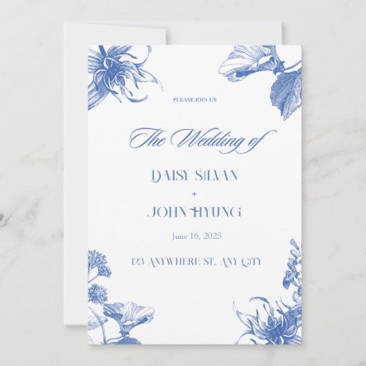 Navy Blauw en Wit Chinoiserie Bruiloft Kaart (Voorkant)